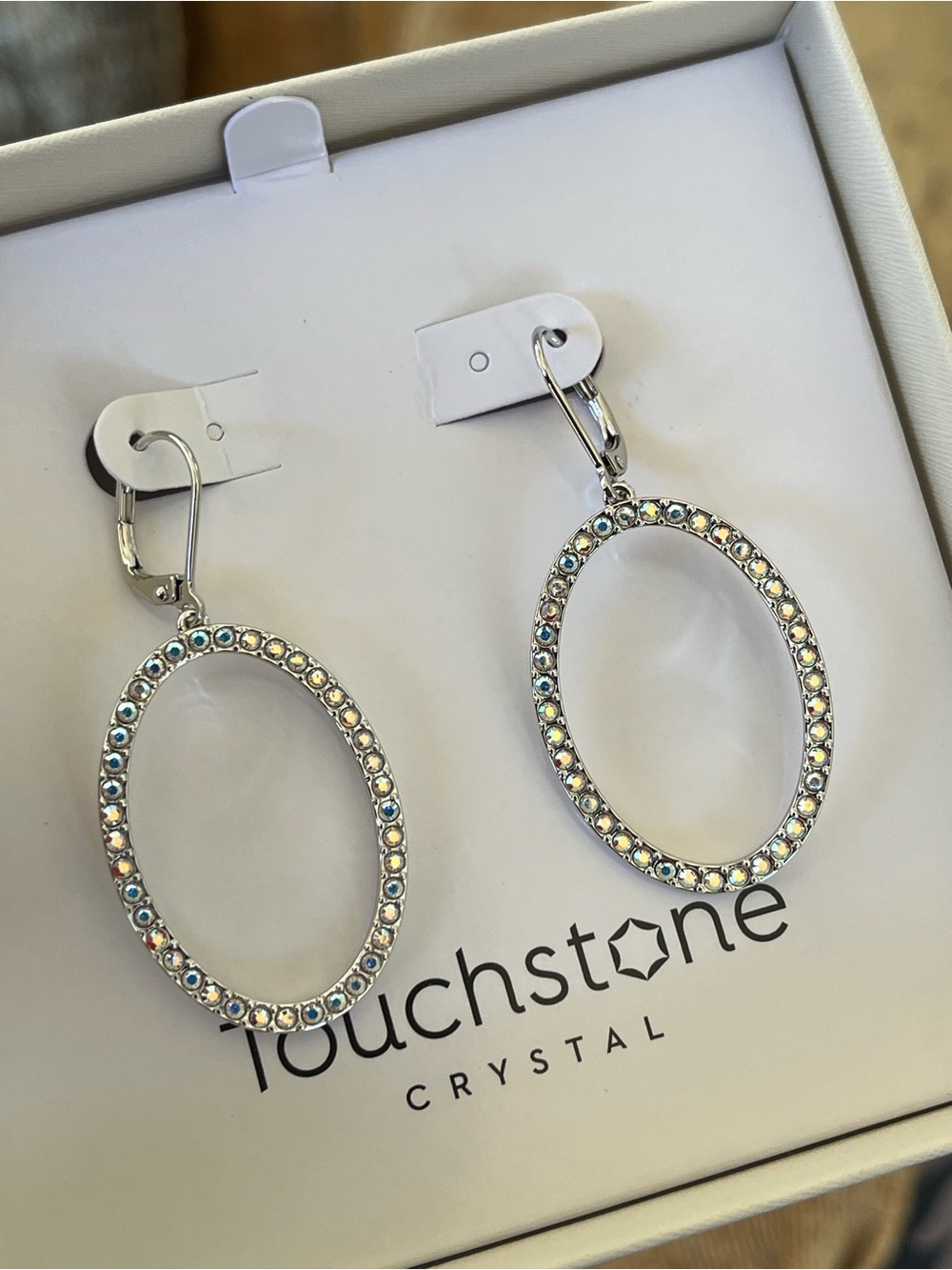 Touchstone Crystal “Dash Out” Oval Drop Earrings - Silver Aurore Borealis - Picture 3 of 10